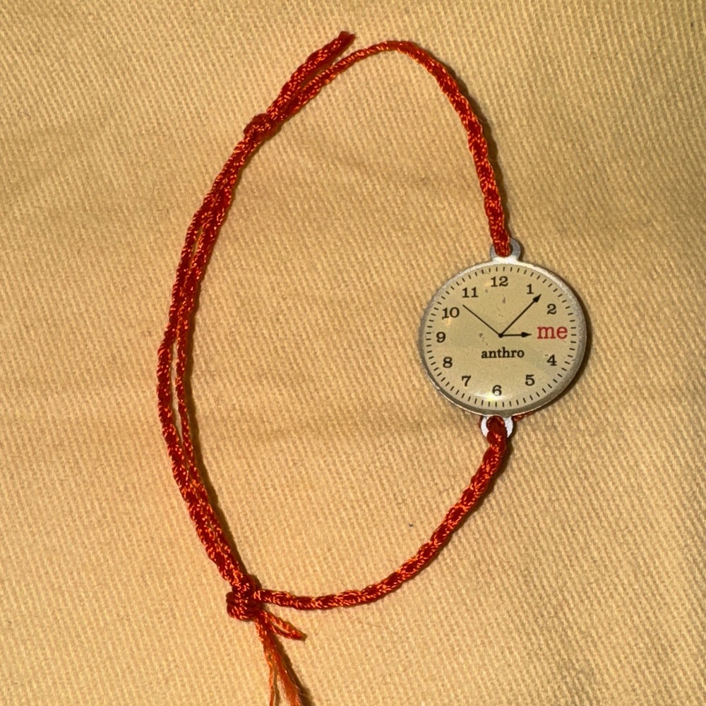 Anthropologie Red Cord Bracelet with Silver Timepiece Charm